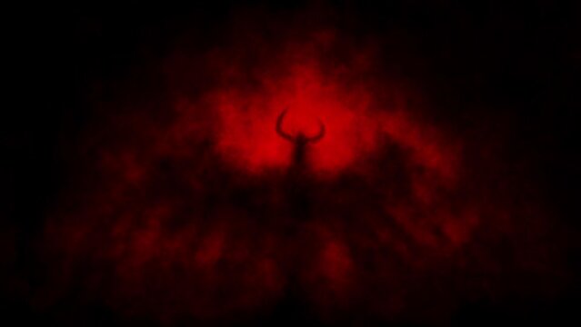 Horned demon stands inside gloom  2D animation. Spooky dark angel. Mysterious light inside murk. Horror fantasy genre. Scary character from nightmares. Creepy video clip. Red and black background.