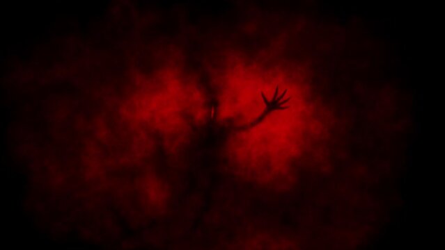 Scary demonic ghost in darkness. Gloomy 2D animation. Smoky monster in haze video clip. Horror fantasy genre. Creepy Halloween backdrop. Spooky animated short film. Red and black color background.