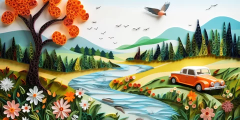  Paper quilling illustration of a car in the countryside © Marios Pisis