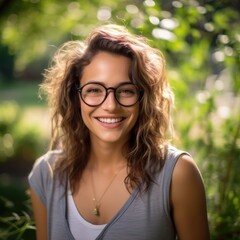 Smiling young brunette posing at a beautiful garden wearing eyeglasses looking at the camera