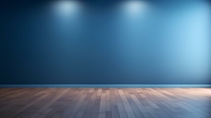 Blue empty wall and wooden floor with light glare. Interior background for the presentation. generative AI