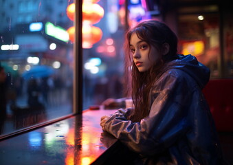 Obraz premium Young Girl with Neon Cityscape and Rain, Rainy Night in a Purple-Blue City, AI Generated