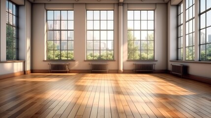 Empty loft interior room with wooden floor.