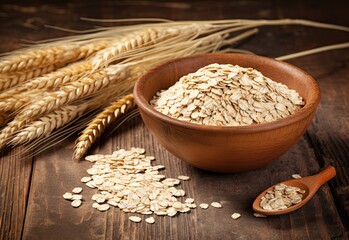 Oat flakes in a bowl on a wooden table