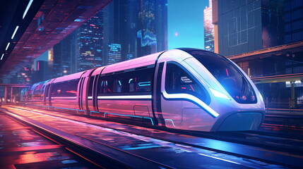 Fototapeta premium City Street with a Maglev (Magnetic Levitation) Train on style of Sci-fi Holographic Gradients Cityscape - AI Generated