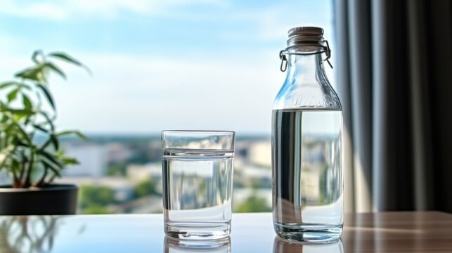 Glass of water with a bottle on table in the living room at home. Healthy lifestyle and stay hydrated.