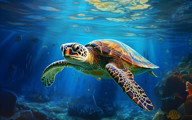 Obraz premium Turtle - eretmochelys imbricata floats under water. maldives indian ocean