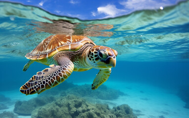 Fototapeta premium Turtle - eretmochelys imbricata floats under water. maldives indian ocean