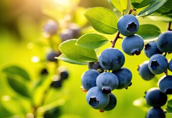 Ripe blueberries bilberry on a blueberry bush - obrazy, fototapety, plakaty