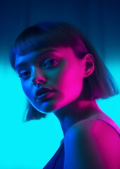 Blue Haired Woman with Colorful Bokeh Lights AI Generated