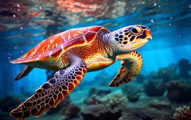 Fototapeta premium Turtle - eretmochelys imbricata floats under water. maldives indian ocean