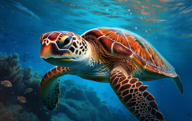 Obraz na płótnie Canvas Turtle - eretmochelys imbricata floats under water. maldives indian ocean