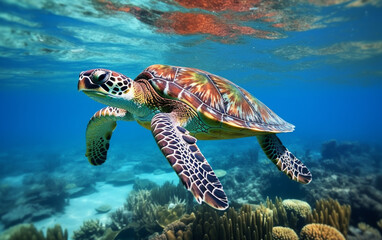 Obraz premium Turtle - eretmochelys imbricata floats under water. maldives indian ocean