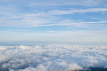 Top mountain view with sunrise sky blue and beautiful scene. The photo is suitable to use for adventure content media, nature poster and forest background.