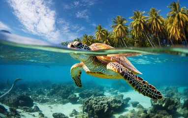 Turtle - eretmochelys imbricata floats under water. maldives indian ocean - obrazy, fototapety, plakaty