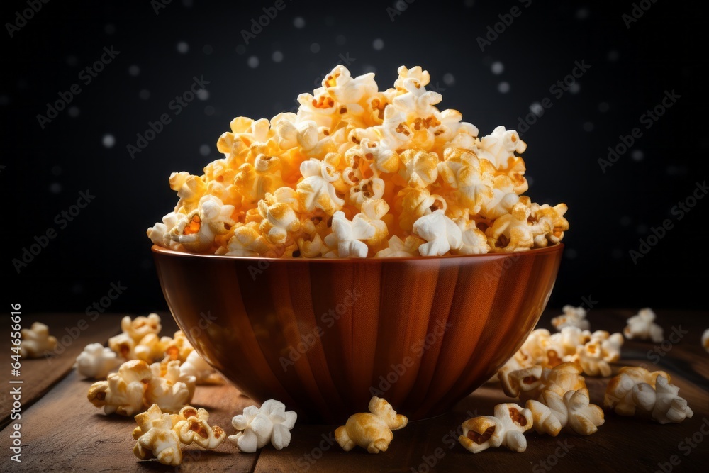 Poster appetizing popcorn. background with selective focus and copy space