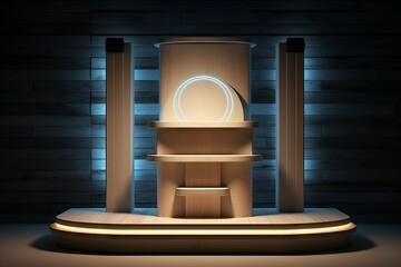 Obraz na płótnie Canvas Modern futuristic podium with neon lighting for product presentation. AI generated, human enhanced