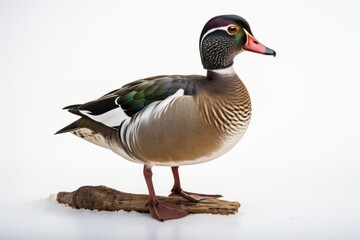 Close-up studio portrait of a bird Wood Duck Aix sponsa. Blank for design