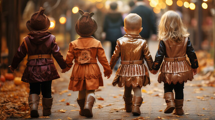 Naklejka premium Group of anonimous young children dressed up for halloween holding hands. Generative AI