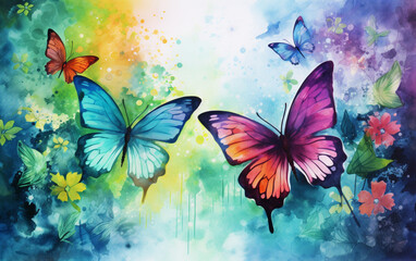 Fototapeta na wymiar Watercolor colorful background with butterflies