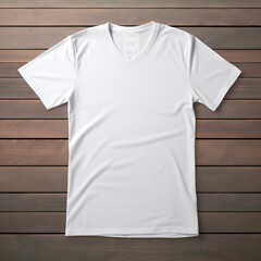 plain white v-neck t-shirt with wood background (ai generated)	