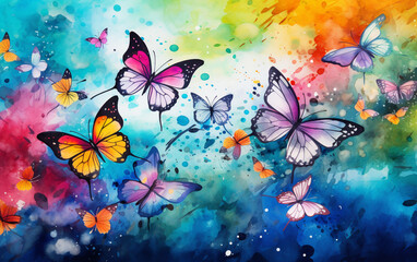 Fototapeta na wymiar Watercolor colorful background with butterflies