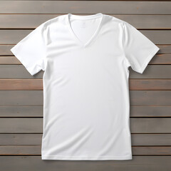 white v-neck t-shirt with wood background (ai generated)	