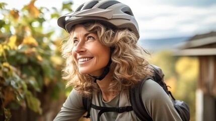 Happy beautiful woman in protective helmet riding bike exploring at city.