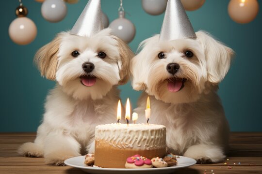 Two dogs with cake, Birthday dog, Party animal.