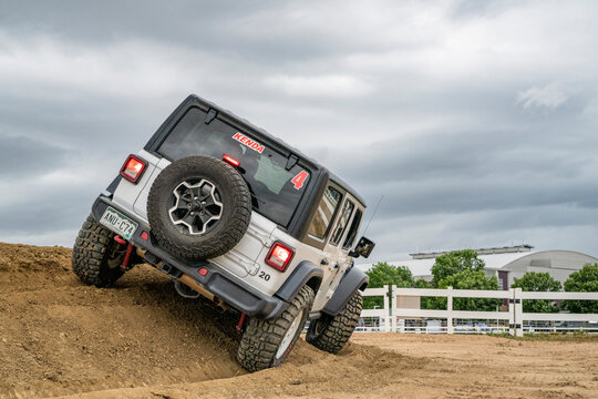 Loveland, CO, USA - August 25, 2023: Jeep Wrangler, Rubicon model, on a training drive off-road course