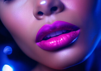 Obraz premium Violet Bioluminescence in Exotic Fashion Photography of Womans Face - AI Generated