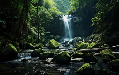 Naklejka premium landscape, river, nature, waterfall, forest, water, beautiful, stone, leaf, green, stream, rock, mountain, travel, fall, scenic, wild, fresh, foliage, outdoor, clean, park, plant, tree,