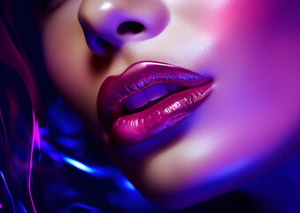 Obraz premium Violet Bioluminescence in Exotic Fashion Photography of Womans Face - AI Generated
