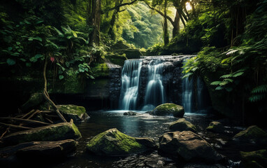 Waterfall in deep forest on mountain