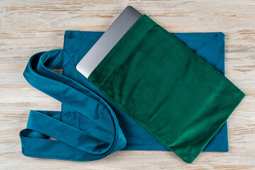 Velvet covers for books and laptops. Background with selective focus and copy space