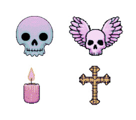 Set of pastel goth vaporwave style stickers with crosses, skulls and other elements in pink cute color palette. Design pixel asset for logotypes, video game icons.