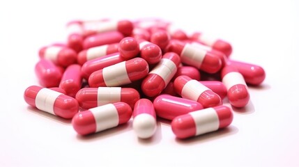 Medical, Pills, Many pink pills on white background. Medicinal treatment.