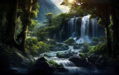 Waterfall in deep forest on mountain