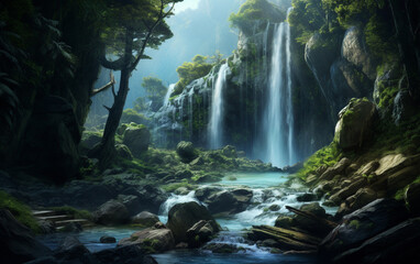 Fototapeta na wymiar Waterfall in deep forest on mountain