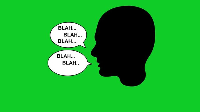 video drawing animation icon black silhouette profile human head with speech bubble and the text blah, in concept of person speaking. Drawn in black and white. On a green chroma key background