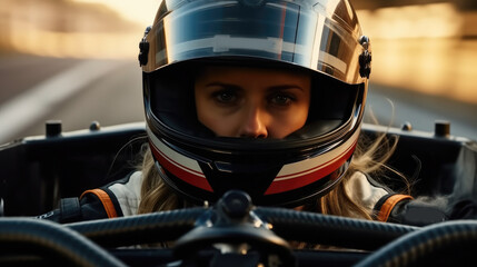 Female race car driver wearing helmet are driving auto on the track.