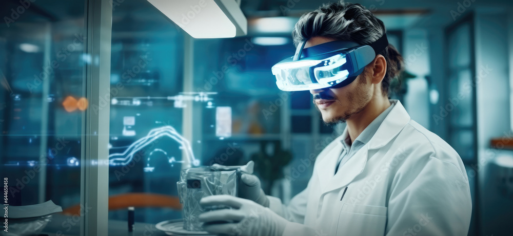 Fototapete futuristic researcher using the augmented reality vr glasses with hologram graphics for viewing resu
