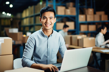 Obraz premium Asian male warehouse manager with laptop in distribution center. Storehouse package supervisor