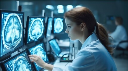Neurologists, Scientists women working in the Brain Research Laboratory. - obrazy, fototapety, plakaty
