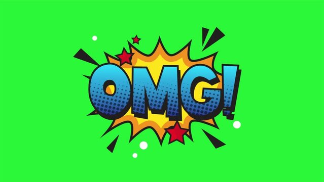 Omg pop art in comic style. cartoon bubble explosions. Omg comic text animation on green screen background.