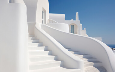 White stairs leading to terrace in Oia, Santorini - obrazy, fototapety, plakaty