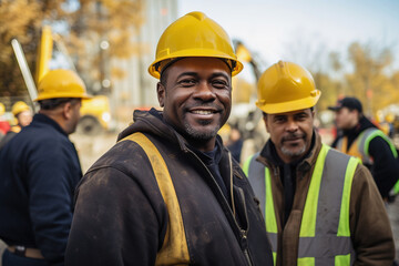 Middle aged African male builder workers in hard hat, men at construction site