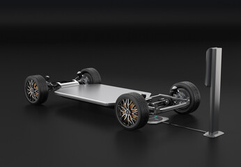 Electric vehicle Chassis equipped with In-Wheel Motors and Solid-state Battery Pack, wireless charging in Charging station. Generic design. 3D rendering illustration.