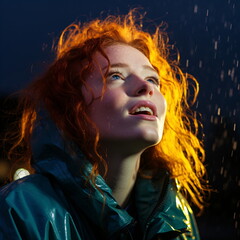 Beautiful Redhead Woman with Wet Hair and Blue Coat on Blue AI Generated