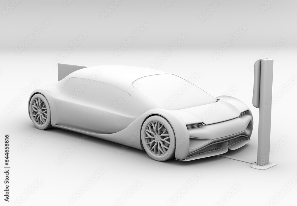 Poster clay rendering of futuristic electric car charging in wireless charging station. generic design. 3d 